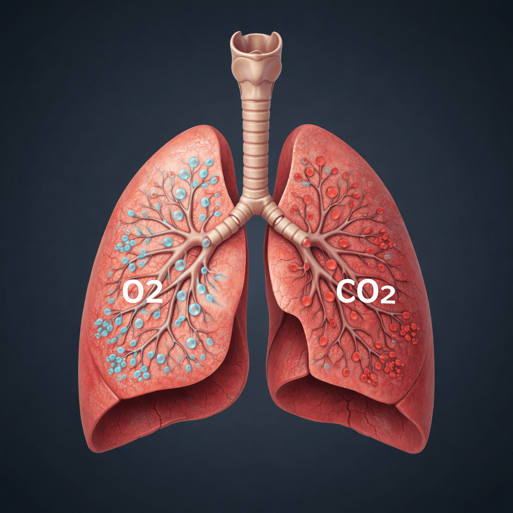 Human lungs with blue arrows showing oxygen intake and red arrows showing carbon dioxide release