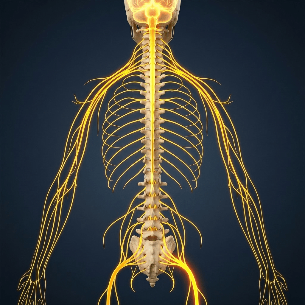 Diagram of human spinal cord with cervical, brachial, lumbosacral plexus and sciatic nerve