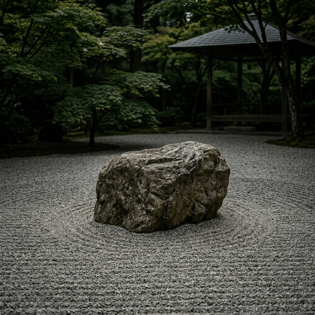 Large rock centered in a raked gravel path in a Japanese zen garden
